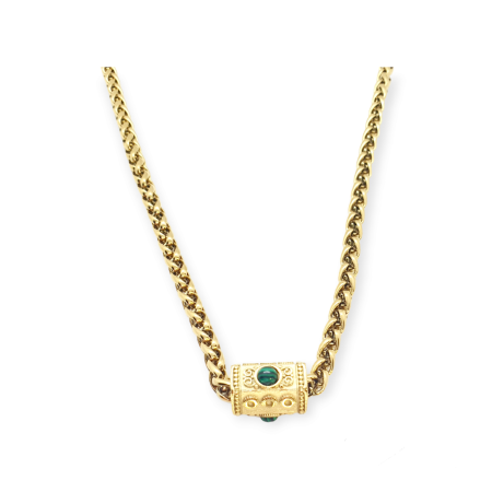 necklace withs steel gold chain and gold element with green bead